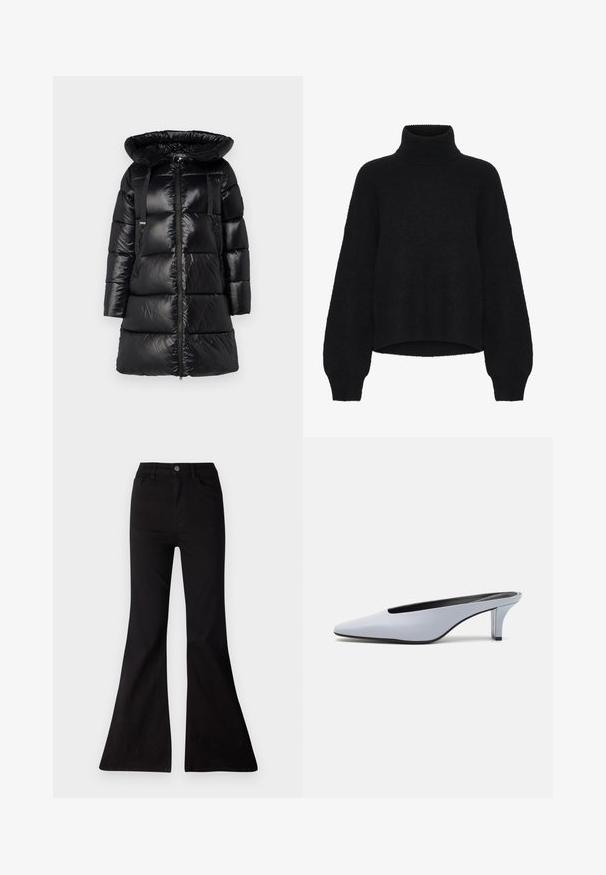 Černá péřová bunda s velkou, nastavitelnou kapucí, zipovým předním zapínáním a dvěma bočními kapsami se zipem. Obsahuje prošívané části a nastavitelné ramenní popruhy.; Černý rolák s cropped střihem, vyrobený z huňaté tkaniny. Má široké rukávy a vrchní část s jemným žebrováním.; Černé rozšířené džíny vyrobené z denimu, se zvýšeným pasem, předními kapsami a velkým otevíráním na lemech pro široký střih nohavic.; Světle modrý lakovaný kožený mule s špičatou špičkou, nízkým transparentním podpatkem a štíhlým designem s výřezem na nártu.