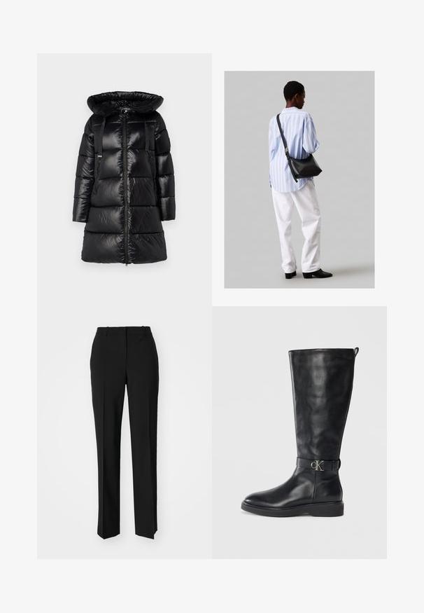 Black puffer coat with a large, adjustable hood, zip front, and two zippered side pockets. Features quilted sections and adjustable shoulder straps.; Black cotton t-shirt with short sleeves, crew neck, and small white "Calvin Klein" logo at the chest. Smooth texture, classic fit.; Black tailored trousers with a straight-leg design, featuring a smooth texture and crisp creases along the front. No visible hardware.; Black leather knee-high boot with low heel, round toe, and metallic "CK" logo buckle strap around the ankle.; Black leather shoulder bag with a soft texture, triangular shape, and adjustable strap, paired with a light blue striped shirt and white pants.