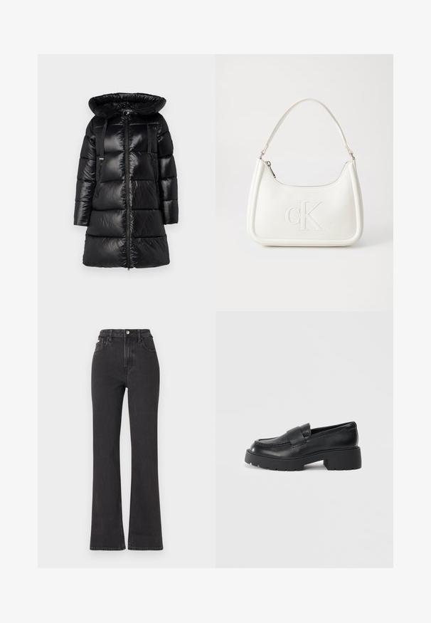 Giubbotto puffo nero con un grande cappuccio regolabile, chiusura con zip frontale e due tasche laterali con zip. Presenta sezioni trapuntate e spallacci regolabili.; T-shirt nera in cotone con colletto rotondo, maniche corte e logo ricamato blu "Calvin Klein JEANS" sul davanti.; Jeans neri a vita alta e a zampa d'elefante in denim, con chiusura a bottoni, passanti per cintura e tasche laterali. Texture liscia con minimal fading.; Mocassini in pelle nera con finitura testurizzata, caratterizzati da una fascia rettangolare sulla parte anteriore e un design di suola spessa e scanalata.; Borsa a tracolla in pelle bianca con forma curva, dotata di un logo "CK" impresso sul davanti e una singola tracolla. Chiusura a zip nella parte superiore.