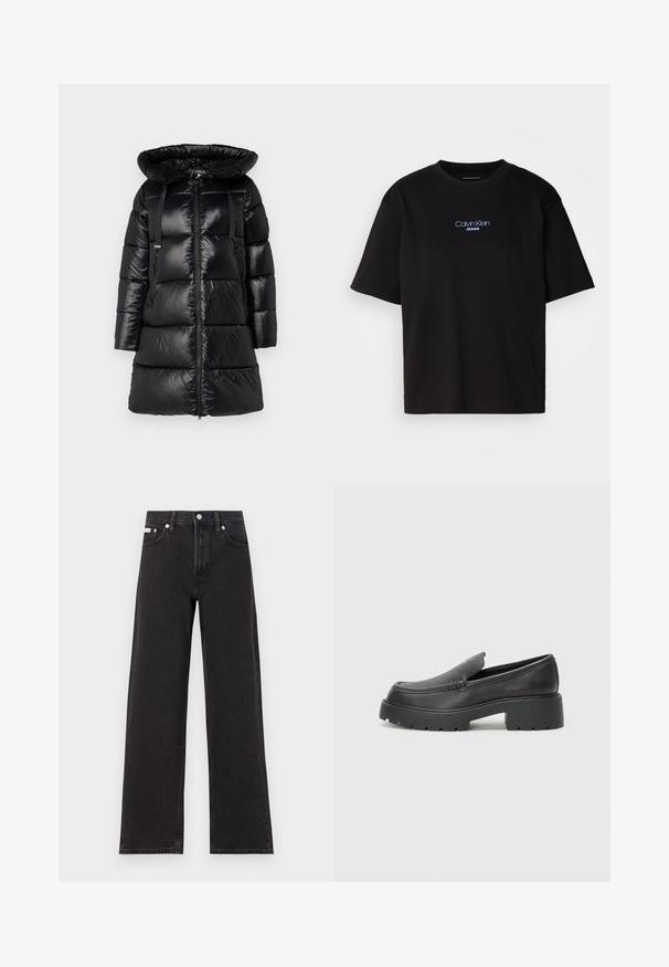 Schwarze Daunenjacke mit großer, verstellbarer Kapuze, Reißverschluss vorne und zwei seitlichen Reißverschlusstaschen. Verfügt über gesteppten Bereiche und verstellbare Schulterriemen.; Schwarzes Baumwoll-T-Shirt mit Rundhalsausschnitt, kurzen Ärmeln und blau gesticktem "Calvin Klein JEANS"-Logo auf der Vorderseite.; Schwarze weit geschnittene Jeans aus Denim mit einem hoch sitzenden Bund, fünf Taschen und einem Metallknopfverschluss mit kontrastierendem Nähte.; Schwarze Lederloafer mit einer abgerundeten Spitze, dicker strukturierten Laufsohle und minimalen Nähten. Schlankes Design ohne sichtbare Schnürsenkel oder Beschläge.