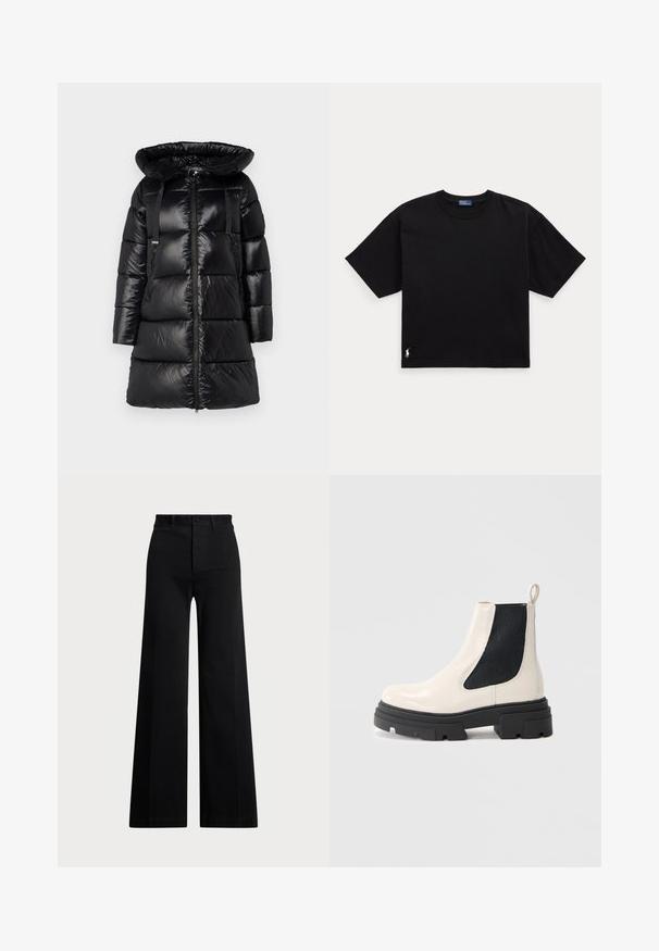 Črn puffer plašč z velikim, prilagodljivim pokrovom, zadrgo spredaj in dvema zadrgama na stranicah. Ima quilted dele in prilagodljive naramnice.; Črna bombažna majica s kratkimi rokavi, okroglo ovratnikom in majhnim belim logotipom na spodnjem levem delu. Klasična, kvadratna oblika z minimalnimi detajli.; Črne široke hlače iz tkanine, ki imajo visoko pasnico, sprednje zapiranje na gumb in stranske žepke. Gladek videz z jasnimi linijami.; Krem usnjeni Chelsea škorenj z debelim črnim podplatom in elastičnim črnim stranskim panelom na belem ozadju.