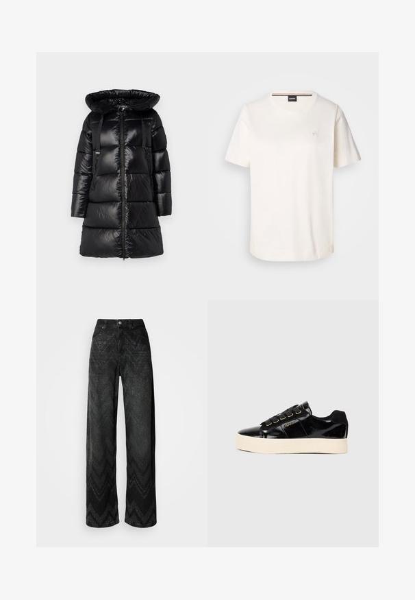 Geacă puffer neagră cu o glugă mare, ajustabilă, fermoar frontal și două buzunare laterale cu fermoar. Prezintă secțiuni matlasate și bretele ajustabile pentru umeri.; Tricou alb din bumbac, cu mâneci scurte, decolteu rotund și un logo mic pe piept. Textură netedă și tiv drept.; Jeans negri cu croială largă și un model texturat în zigzag. Făcuți din denim, cu închidere cu nasture și două buzunare în față.; Adidași din piele lăcuită neagră cu talpă plată crem. Prezintă șireturi negre, ochiuri aurii și detalii cu logo pe lateral. Design cu vârf rotunjit.