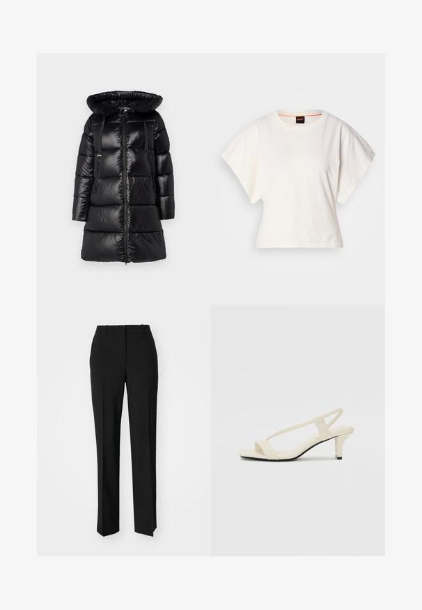 Abrigo de plumas negro con una gran capucha ajustable, cierre frontal con cremallera y dos bolsillos laterales con cremallera. Presenta secciones acolchadas y tirantes de hombro ajustables.; Camiseta blanca recortada, con mangas cortas y anchas, material de algodón suave, cuello redondo con un sutil ribete naranja, diseño minimalista, sin patrones ni gráficos.; Pantalones negros ajustados con un diseño de pierna recta, que presentan una textura suave y pliegues nítidos en el frente. Sin herrajes visibles.; Sandalias de tacón cuadrado en color beige con tiras delgadas y punta cuadrada. Material suave con un diseño minimalista, diseñado para facilitar su uso.