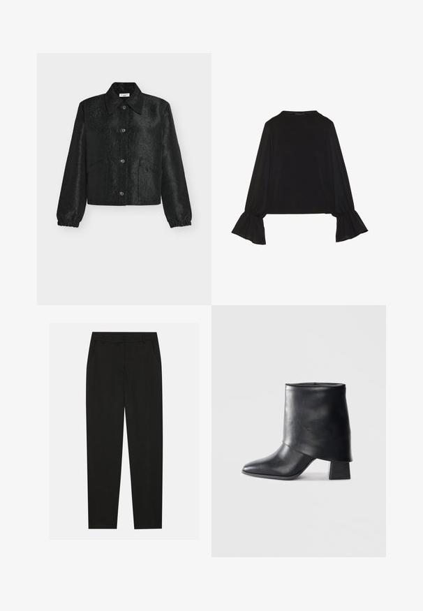 Jachetă neagră cu un model floral texturat, având un guler ascuțit, închidere frontală cu nasturi și manșete elastice. Două buzunare laterale.; Top negru cu mânecă lungă, cu mansete evazate, textură moale și croială lejeră, având un guler rotund simplu.; Pantaloni negri cu un design croit, dotati cu buzunare laterale si un croi drept. Fabricati dintr-un material neted, usor, cu un finisaj elegant.; Botine din piele neagră cu vârf ascuțit, textură netedă și toc bloc structurat. Prezintă un design cu manșetă înaltă și pliată.
