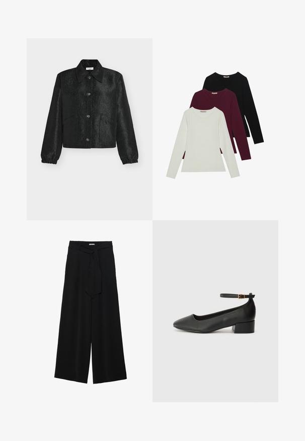 Black jacket with a textured floral pattern, featuring a pointed collar, front button closure, and elasticized cuffs. Two side pockets.; Long-sleeve t-shirts in white, burgundy, and black. Made of soft fabric with a round neckline and fitted design. Suitable for layering.; Black wide-leg pants featuring a textured fabric, an elastic waistband, and a detachable sash tie at the waist for adjustable fit.; Black leather pump with a pointed toe and a low block heel. Features an ankle strap with a gold-tone buckle. Smooth texture.