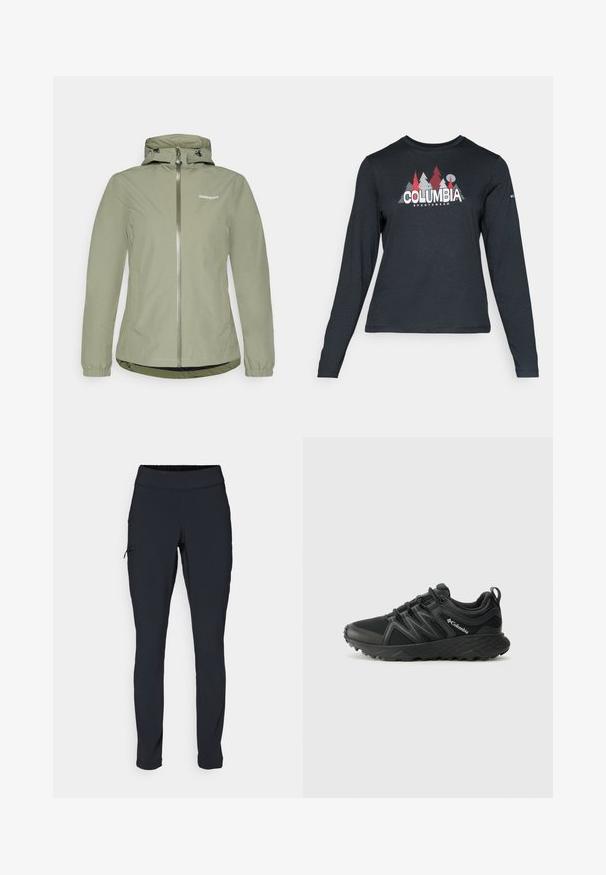Svijetlozelena vodootporna jakna s zatvaračem, podesivom kapuljačom, elastičnim manžetama i blago zakrivljenim rubom. Ima logotip na prsima.; Majica dugih rukava tamnosive boje s grafikom crvenih drveća i planina; logo "COLUMBIA" u podebljanom bijelom tekstu. Mekana tkanina, standardni okrugli izrez.; Crne atletske hlače Slim fit kroja, s elastičnom sredinom i bočnim džepom sa zatvaračem. Glatka, rastezljiva tkanina s minimalnim šavovima.; Columbia PEAKFREAK - Obuća za pješačenje - black