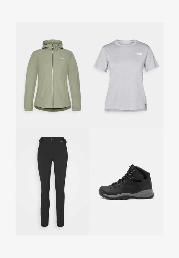 Ljusgrön vattentät jacka med dragkedja, justerbar huva, elastiska ärmslut och en något krökt nederkant. Har en logotyp på bröstet.; Grå kortärmad t-shirt i mjukt, fuktavledande tyg. Har en rund halsringning och en liten vit logotyp på övre vänstra sidan.; Svarta, åtsittande byxor tillverkade av ett flexibelt material. Funktioner inkluderar en ficka med dragkedja på sidan, artikulerade knän och en jämn yta.; Svart vandringskänga med mellanhög design, som har en texturerad överdel, grå accenter och en slitstark gummisula med greppklackar.