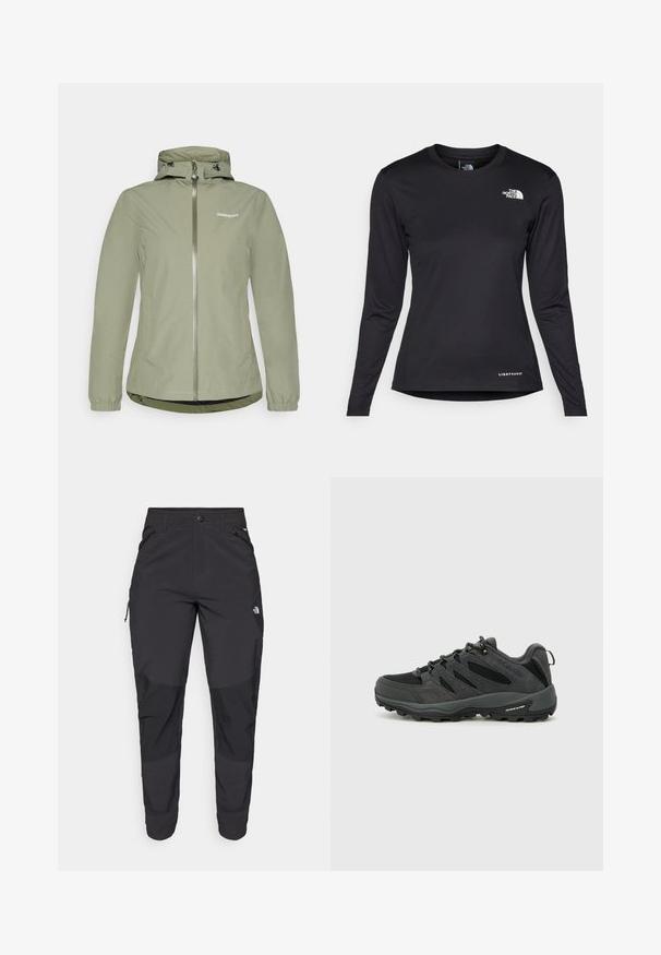 Light green waterproof jacket with a zip closure, adjustable hood, elastic cuffs, and a slightly curved hem. Features a logo on the chest.; The North Face SHADOW LONG SLEEVE - Long sleeved top - black; Black outdoor pants made of durable fabric. Feature zippered pockets, reinforced knee panels, and a straight cut design for mobility.; Columbia REDMOND - Hiking shoes - black/citron haze