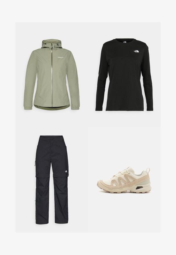 Světl zelená voděodolná bunda se zipovým uzávěrem, nastavitelnou kapucí, elastickými manžetami a mírně zakřiveným zakončením. Na hrudi se nachází logo.; Černé tričko s dlouhým rukávem vyrobené z bavlny s kulatým výstřihem. Na levé části hrudi se nachází malé bílé logo. Jednoduchý design a střih.; Černé nylonové cargo kalhoty na zip s nastavitelnými manžetami, několika kapsami a logem na pravé noze. Hladká, lehká textura.; Béžová a krémová sportovní obuv s texturovaným síťovaným svrškem, podpůrnými překryvy a gumovou podrážkou s dezénem pro lepší přilnavost.