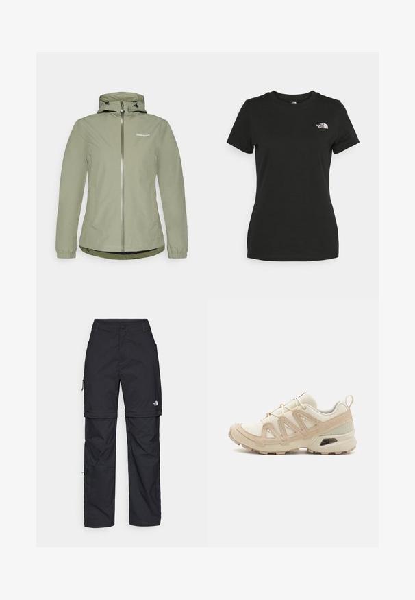 Light green waterproof jacket with a zip closure, adjustable hood, elastic cuffs, and a slightly curved hem. Features a logo on the chest.; Black cotton t-shirt featuring a crew neckline and short sleeves. Notable white logo on the upper left side. Smooth texture, casual fit.; Black nylon zip-off cargo trousers with adjustable cuffs, multiple pockets, and a logo on the right leg. Smooth, lightweight texture.; Beige and cream athletic shoe with textured mesh upper, supportive overlays, and rubber outsole featuring a tread pattern for traction.