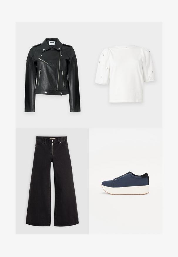 Melna ādas motociklu jaka ar īsu piegriezumu, sudraba rāvējslēdzējiem, spiedpogu aizdari un plecu apliecēm. Iezīmējas ar struktūru apdari.; Balta kokvilnas t-kreklu ar īsām puff piedurknēm, ar nelieliem sudraba rotājumiem gar piedurknēm. Klasisks apaļš izgriezums, brīvā piegriezuma.; Platas kājas džinsi melnā džinsa audumā ar rāvējslēdzēju priekšā, piecu kabatu dizains un smalkas šuvju detaļas. Gluda tekstūra un ikdienišķs stils.; Navy zilo apavi ar strukturētu auduma augšdaļu, baltu platformas zoli, noapaļotu pirkstu daļu un melnu papēža akcentu. Iekļautas sešas acs caurumi šnuķēšanai.
