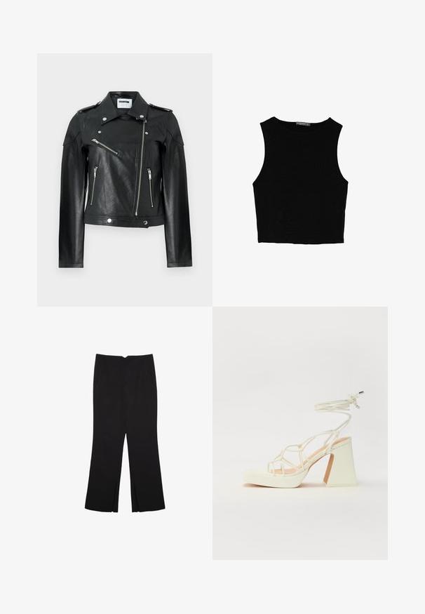 Czarna skórzana kurtka motocyklowa o krótkim kroju, z metalowymi suwakami, zapięciami na napy oraz naramiennikami. Posiada fakturowane wykończenie.; Czarny bezrękawnik crop top z gładkiego materiału, z okrągłym dekoltem i czystym, prostym wzornictwem, bez wzorów czy metalowych elementów.; Czarne spodnie o prostym kroju, z przednimi kieszeniami i bocznymi rozcięciami na dole. Wykonane z miękkiego, gładkiego materiału. Odpowiednie na różne okazje.; Biała sandał na wysokim obcasie z masywnym słupkiem, z paskowym wzorem i wiązaniem przy kostce. Gładka faktura z platformą z przodu dla dodatkowej wysokości.