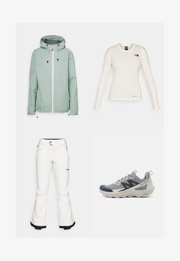 Mentazöld, könnyű dzseki kapucnival, fehér elülső cipzárral, oldalsó zsebekkel és állítható zsinórokkal az alsó részen és az ujjaknál.; The North Face SHADOW LONG SLEEVE - Hosszú ujjú felső - white dune; Fehér sínadrág, puha, rugalmas anyagból készült. Jellemzője az illeszkedő derék, széles, trapéz szabású lábszárak és fekete díszítés a mandzsettán. A márka logója látható.; A Salomon futócipő szürke és tengeri kék színben, légáteresztő hálós felsőrész, gumírozott orr, valamint texturált talp levendula kiegészítőkkel.