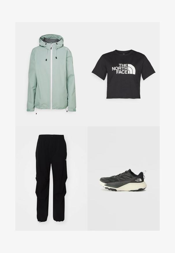 Mėtų žalios spalvos lengvas švarkas su kapišonu, baltu priekyje esančiu užtrauktuku, šoninėmis kišenėmis ir reguliuojamomis raištelėmis apačioje bei rankovėse.; Juodas trumpas medvilninis marškinėliai, kuriuose yra baltas logotipas su kreivomis detalėmis ir užrašu "THE NORTH FACE" priekyje. Trumpomis rankovėmis, apvaliu kaklu.; Juodos lauko kelnės, pagamintos iš tvirto medžiagos, su laisvu siluetu, elastinga juosmens juosta ir surišamais rankogaliais, leidžiančiais reguliuoti ilgį.; Juodas sportinis batas su tekstūruota viršutine dalimi, su pilkomis detalėmis ir baltu viduriu. Apima pakėlimo juostelę ir ryškų prekės ženklo logotipą ant kulno.