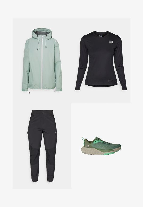 Mintgroene lichtgewicht jas met een capuchon, witte rits aan de voorkant, zijzakken en verstelbare koordjes aan de onderkant en mouwen.; The North Face SHADOW LONG SLEEVE - Longsleeve - black; Zwarte outdoorbroek gemaakt van duurzaam materiaal. Voorzien van ritszakken, versterkte knieën en een rechte snit voor optimale bewegingsvrijheid.; Groene hardloopschoen met mesh bovenwerk, contrasterende accenten en gestructureerde zool. Beschikt over een gevoerde tussenzool en versterkte hiel voor stabiliteit.