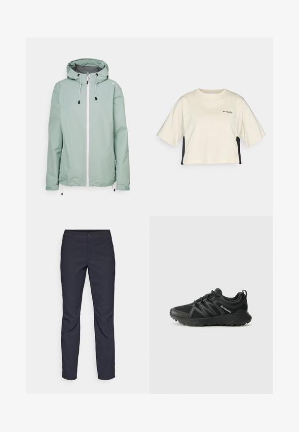 Mintgrønn lett jakke med hette, hvit frontglidelås, sidelommer og justerbare snører i nederkant og ermer.; Cremerfarget, kort t-skjorte med rund hals, kortermet og svarte sidepaneler; har en liten svart logo på brystet.; Marineblå bukser laget av glatt stoff, med frontknappelukking, slim-fit design og pressede detaljer ved knærne.; Columbia PEAKFREAK - Fjellsko - black
