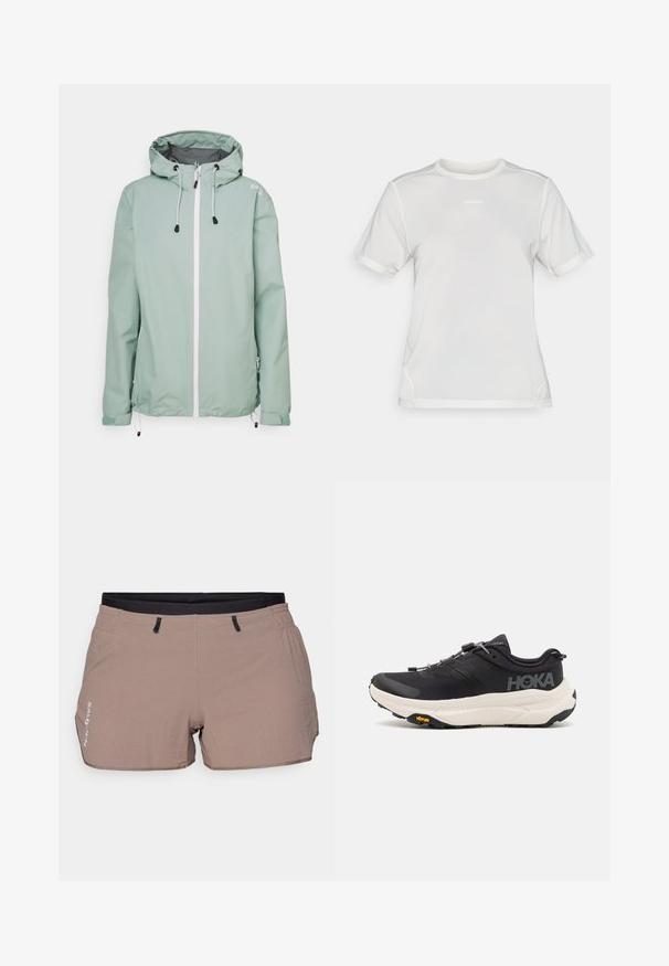 Miętowa, lekka kurtka z kapturem, białym zamkiem błyskawicznym z przodu, bocznymi kieszeniami oraz regulowanymi sznurkami na dole i rękawach.; Biała koszulka sportowa z krótkim rękawem, wykonana z siateczkowego materiału, z okrągłym dekoltem i małym logo "Salomon" umieszczonym na środku klatki piersiowej.; Beżowe szorty wykonane z lekkiego materiału, z teksturowanym wzorem, elastyczną talią z czarnymi akcentami oraz dwiema bocznymi kieszeniami.; Czarne buty sportowe z oddychającą siateczką, gumową podeszwą, białą wkładką amortyzującą i odblaskowymi sznurowadłami. Logo Vibram na podeszwie.