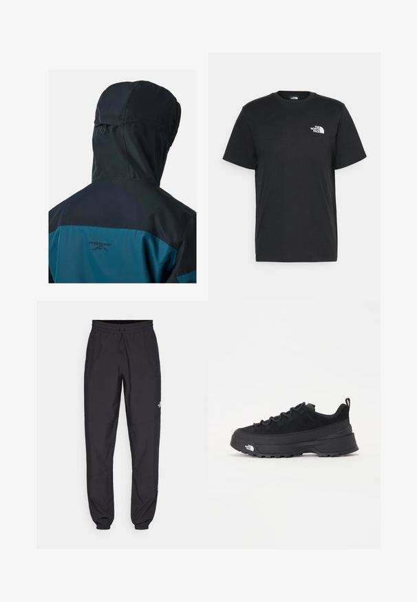 Achteraanzicht van een persoon die een blauw-zwart hoodiejack met het logo "Swedemount" en een bergontwerp op de rug draagt.; Zwarte katoenen T-shirt met korte mouwen, ronde hals en een klein wit logo op de linkerkant van de borst. Eenvoudig ontwerp, gladde textuur en een comfortabele pasvorm.; Zwarte sportieve broek gemaakt van lichtgewicht stof, met een trekkoord in de taille, zijzakken en taps toelopende boorden bij de enkels.; Zwarte outdoor sneaker met een suede bovenkant, een gestructureerde rubberen zool en een stevig vetersysteem. Heeft een versterkte hiel en een merklogo aan de zijkant.