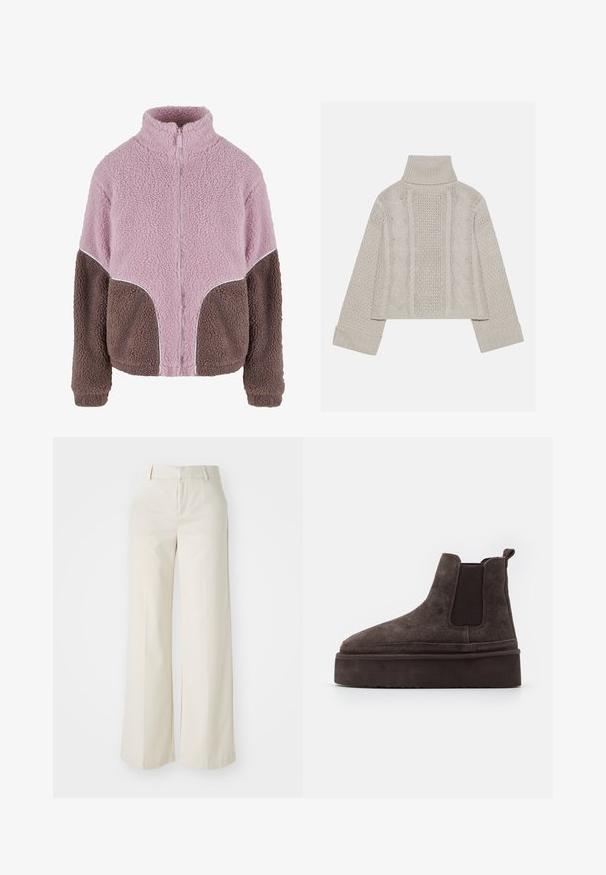 Karl Kani Polárdzseki - rose taupe; Rövidített, világosszürke kötött pulóver magas gallérral és bordázott mandzsettákkal, hátul és az oldalakon texturált sodrott mintákkal.; Világos bézs színű, széles lábú nadrág, sima anyagból készült. Klasszikus derékrésszel és lapos elülső résszel, letisztult vonalakkal rendelkezik.; Barna nubuk Chelsea csizma elasztikus oldalsó panelekkel és vastag, textúrázott talppal. A saroknál található húzófül megkönnyíti a felhúzást.