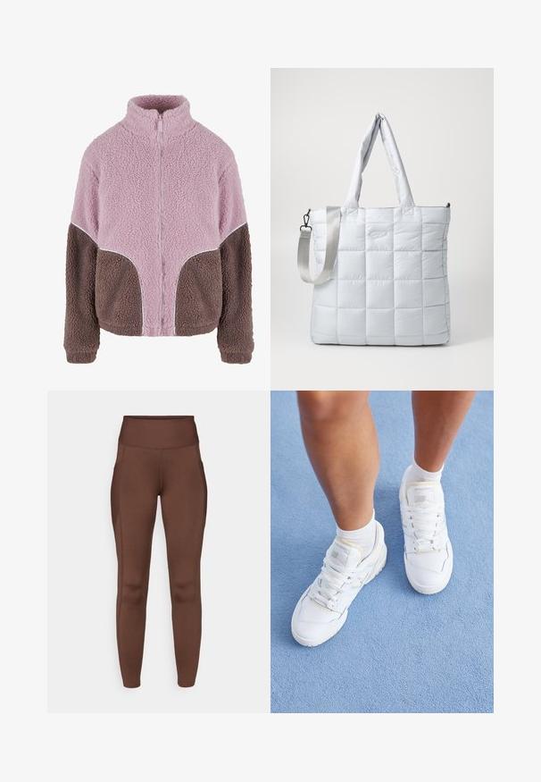 Karl Kani Giacca in pile - rose taupe; T-shirt corta marrone con scollo rotondo, maniche corte e una texture di tessuto liscia. Presenta un marchio minimale sul collo.; Leggings marroni elasticizzati con vita alta, dotati di tasche laterali e texture liscia. Il dettaglio delle cuciture valorizza la forma.; Gambe che indossano sneakers bianche New Balance e calze bianche, in piedi su un pavimento texturizzato di azzurro chiaro.; Borsa tote trapuntata grigia chiara con due manici per spalla e una tracolla staccabile, caratterizzata da una texture liscia e imbottita e un discreto dettaglio del logo.