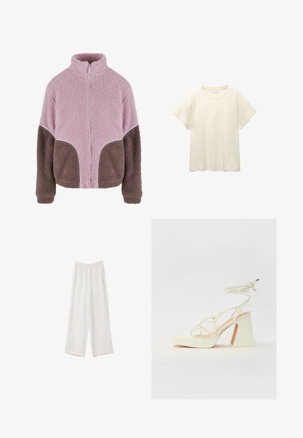 Karl Kani Jakna od flisa - rose taupe; Svijetlo bež majica kratkih rukava s okruglim izrezom, izrađena od meke, glatke tkanine. Karakterizira je opušteni kroj i ravni rub.; Bijele hlače širokih nogavica napravljene od lagane tkanine. Imaju elastičan pojas s ušicom i bočne džepove. Glatka tekstura.; Bijela sandala na visokoj potpetici s debelim petom, s remenom i vezanjem oko gležnja. Glatka tekstura s platformom sprijeda za dodatnu visinu.