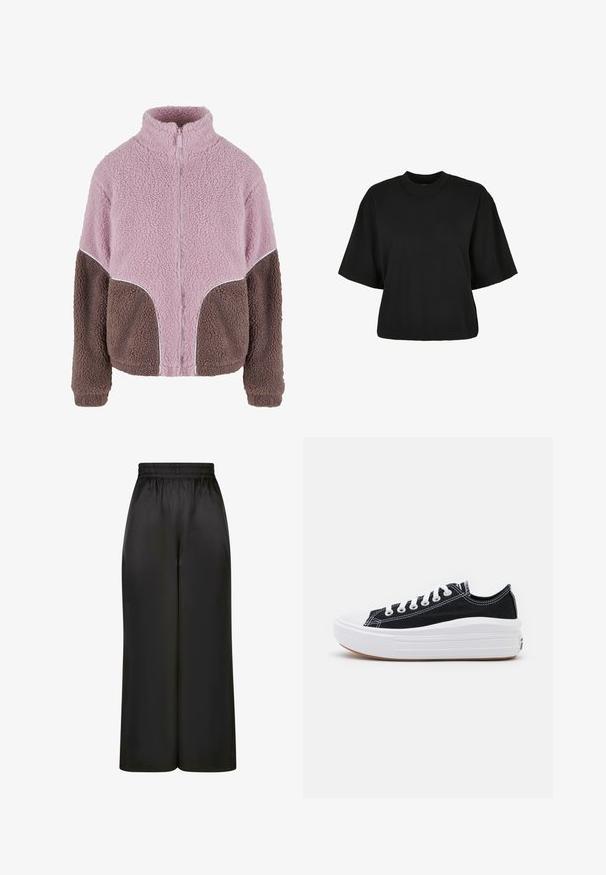 Karl Kani Fliisjakk - rose taupe; Must terav t-särk, mis on valmistatud puuvillast. Omab lühikesi varrukaid ja ümmargust kaelust. Sile tekstuur ja lihtne disain, ilma täiendavate mustriteta.; Mustad laiad püksid, mis on valmistatud siledast, läikivast kangast, millel on elastne vöökoht ja ilma nähtavate taskute või riistvara detailideta.; Mustad mustad kingad valgete paeltega, valge kummist varbakattega ja paksu valge vaheosaga. Omab diskreetset valget õmblust ja kummi talla.