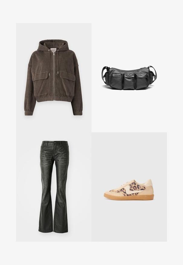 Brun kordjacka med huva, frontdragkedja, stora fickor med lappar, elastiska ärmslut och en kortad design. Mjuk textur med vertikala ränder.; Mörkgrå hoodie i mjukt material, med dragsko i huvan, ribbade muddar och en diskret logotyp tryckt på framsidan.; Svarta imitation läder flare jeans med framfickor, metallknappstängning och en lätt strukturerad yta. Raka ben med lång skärning.; Leopardmönstrade sneakers med överdel i beige mocka, tan gummisula och vita detaljer. Rund tå och snörning med en strukturerad finish.; Svart läder crossbody-väska med en texturerad yta. Har tre ytterfickor och en justerbar rem. Kompakt, rund form.
