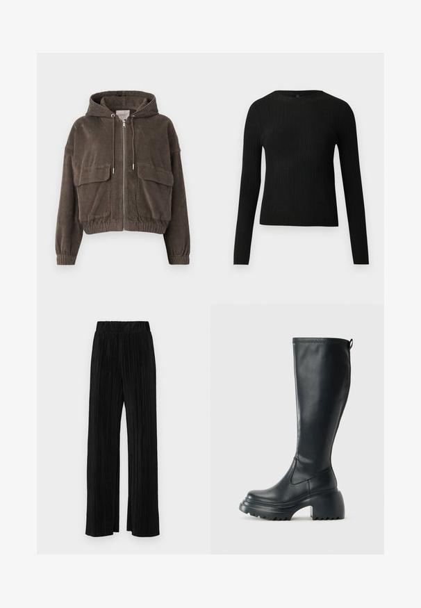 Brązowa kurtka z materiału sztruksowego z kapturem, z zamkiem błyskawicznym z przodu, dużymi kieszeniami naszytymi, elastycznymi mankietami oraz skróconym fasonem. Miękka tekstura z pionowymi żebrami.; Czarny, prążkowany, dopasowany sweter z długim rękawem i okrągłym dekoltem, wyeksponowany na jednolitym jasnym tle.; Czarne spodnie plisowane z elastycznym paskiem w talii. Posiadają szerokie nogawki oraz gładki, teksturowany materiał z pionowymi paskami.; Wysokie czarne skórzane botki z masywną platformą i słupkowym obcasem, z uchwytem i teksturowanym bieżnikiem na podeszwie.