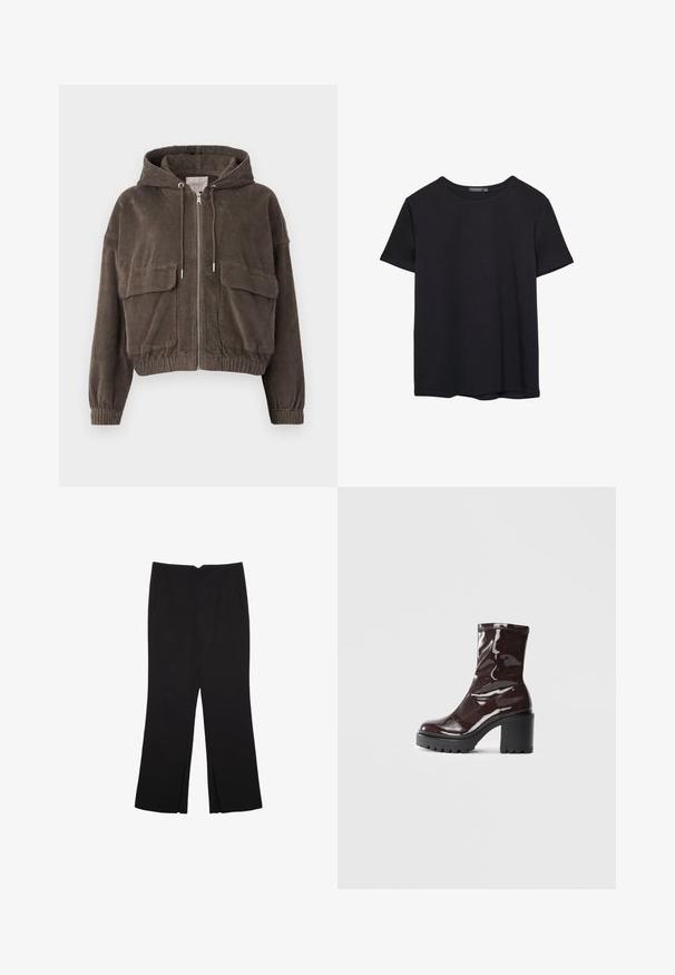 Smeđa kadifasta jakna s kapuljačom, prednjim patentnim zatvaračem, velikim zakrpama, elastičnim manžetama i skraćenim dizajnom. Mekana tekstura s vertikalnim nabora.; Pura crna pamučna majica kratkih rukava s okruglim izrezom, prikazana na bijeloj pozadini.; Crne hlače ravnog kroja, s prednjim džepovima i bočnim prorezima na rubu. Izrađene od mekog i glatkog materijala. Pogodne za razne prigode.; Sjajna burgundska čizma do gležnja s debelim crnim potplatom, koja se odlikuje glatkom teksturom i jednostavnim dizajnom. Nema vidljivih kopčanja ili uzoraka.