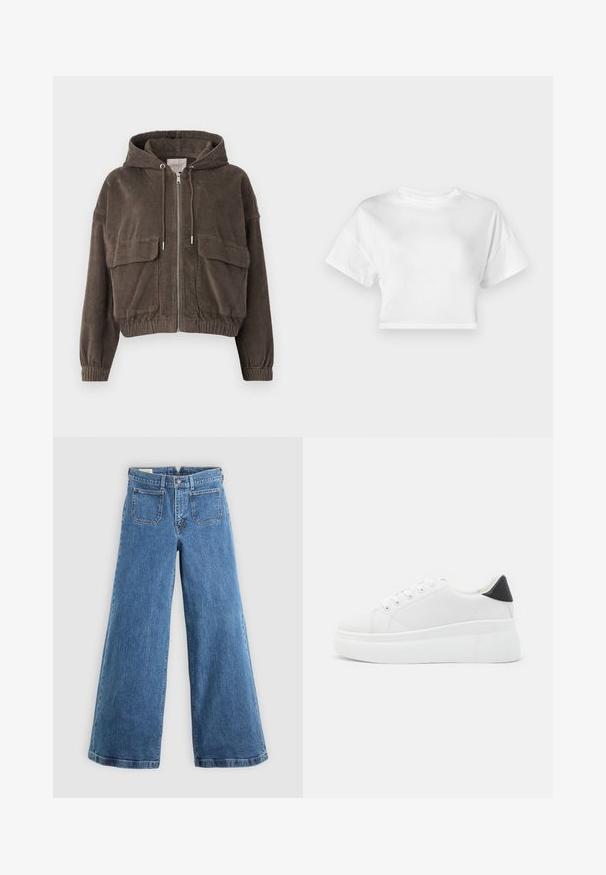 Casaco de ganga castanho com capuz, fecho frontal, grandes bolsos de chapa, punhos elásticos e um design cropped. Textura suave com riscas verticais.; Camiseta cropped branca em algodão. Mangas curtas, decote redondo, textura suave, design casual sem padrões ou embellishments.; Jeans azuis de cintura alta, de perna larga, com bolsos frontais, passantes para cinto, fecho de botão e zíper, sobre um fundo liso.; Tênis plataforma brancos feitos de material sintético suave, apresentando ponta arredondada, design com cadarços e sola de borracha texturizada. Acento preto no calcanhar.