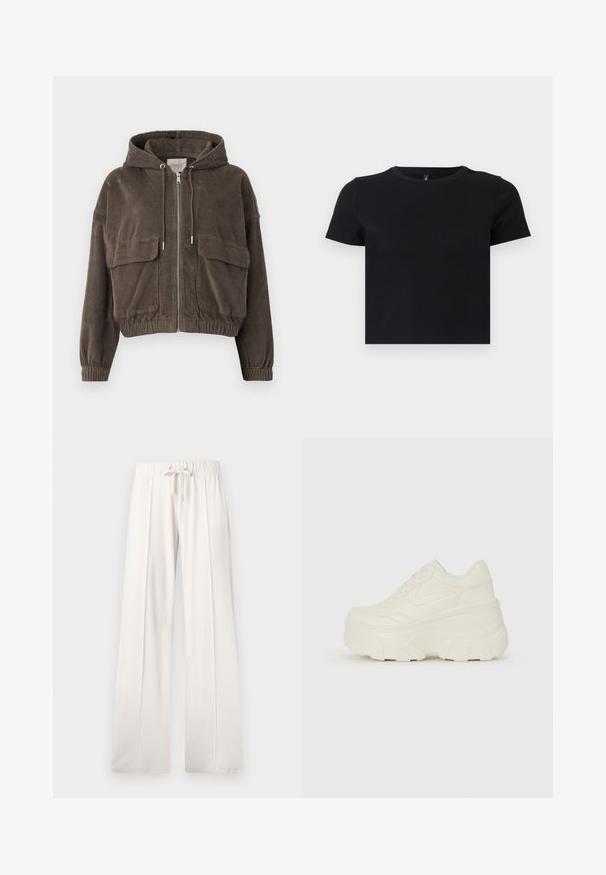 Jachetă din catifea groasă maro, cu glugă, fermoar frontal, buzunare mari, manșete elastice și design scurt. Textură moale cu striații verticale.; Tricou negru cu mânecă scurtă, fabricat din bumbac moale. Dispune de un guler rotund și un design ajustat. Textură netedă, fără modele sau accente.; Pantaloni de trening bej deschis, confecționați dintr-un material moale, având o talie cu șnur, picioare largi și cusături verticale, cu o textură netedă.; Adidași platformă albi, cu un superior neted asemănător cu pielea, formă rotunjită, guler căptușit și talpă din cauciuc texturată cu borduri bine definite.