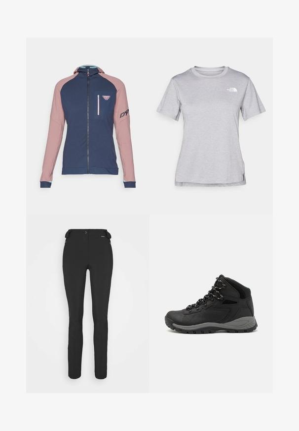 Dynafit RADICAL - Športna jakna/jopica - mokarosa; Siva kratka majica s kratkimi rokavi, izdelana iz mehkega, vlago odvračajočega materiala. Ima okroglo izrez in majhen bel logotip na zgornji levi strani.; Črne prileganje hlače, izdelane iz fleksibilnega materiala. Značilnosti vključujejo žep z zadrgo na strani, artikulirana kolena in gladko teksturo.; Črne pohodniške čevlje z srednje visokim dizajnom, ki imajo teksturirano zgornji del, sivi dodatki in vzdržljiv gumen podplat s protizdrsnimi izboklinami.