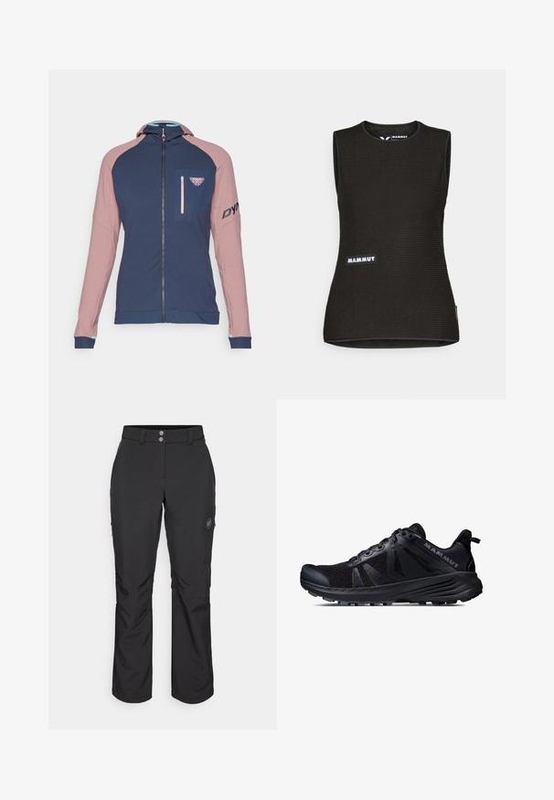 Dynafit RADICAL - Trainingsvest - mokarosa; Zwart mouwloos shirt met een textuurpatroon, voorzien van een ronde halslijn en een "MAMMUT" logo op de voorkant. Gemaakt van ademend materiaal.; Zwarte outdoor pants met een rechte snit, voorzien van een knoopsluiting, ritszakken aan de zijkant en een logo-label op de linker bovenbeen.; Zwarte trailrunningschoen met een mesh bovenkant en rubberen zool. Heeft textuur overlays, een versterkte neuskap en het merkteken op de hiel.