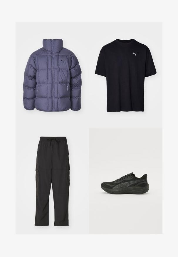 Giacca a vento in grigio scuro, con colletto alto, chiusura zip frontale e due tasche laterali. Il tessuto è trapuntato con una superficie liscia e un accento con logo.; T-shirt in cotone nero con maniche corte, scollatura rotonda e logo Puma bianco sul lato sinistro del petto. Vestibilità classica, texture morbida.; Pantaloni cargo neri con cintura elastica e cordoncino. Presentano due tasche laterali e un tessuto morbido e leggero.; Scarpa sportiva nera con tomaia in mesh testurizzato, lacci piatti e suola ammortizzata con sottili dettagli riflettenti.