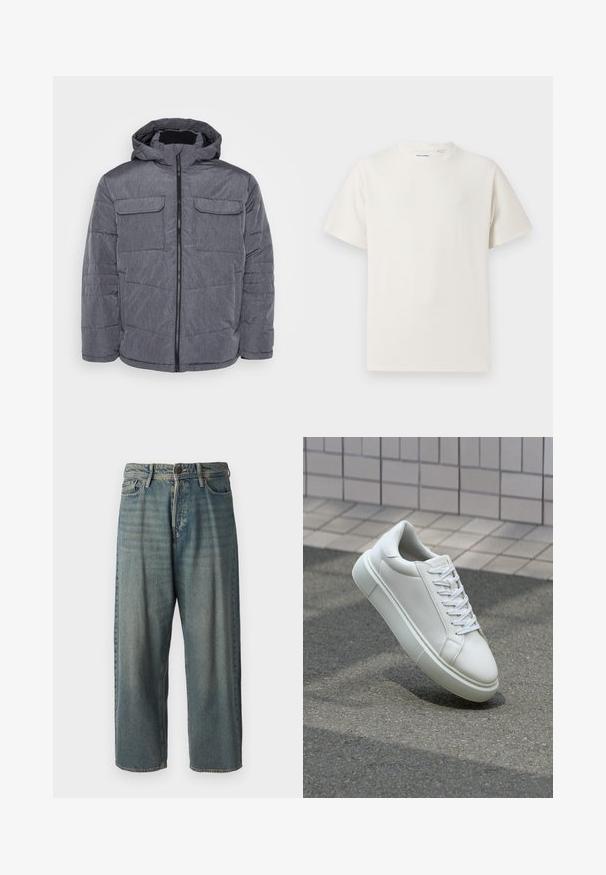 Jack & Jones JJBUILD PUFFER JACKET - Talvejope - dark grey melange; Valge lühikeste varrukatega T-särk ribakudumises. Ümar kaelus, mugav lõige, nähtavad mustrid ega aksessuaarid puuduvad. Lihtne ja mitmekesine disain.; Heledad sinine denim-stiilis teksad, volüümse lõike, keskmise kõrgusega talje ja sirgete säärega. Omab viit taskut, vöökumme ja nööpide sulgemist.; Valge nahkline sneka, millel on sile pind, ümar varvas ja lame valge pael. Omab tekstuuriga kummist talla ja minimaalset kujunduselementi.