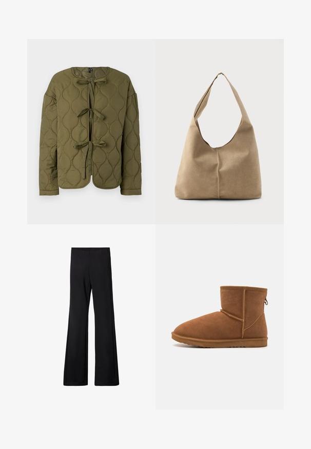 Olivenfarvet quiltet jakke med rund halsudskæring, frontlukninger med sløjfer og lange ærmer, der har en glat tekstur og cirkulære mønstre.; Hvid kortærmet bluse med lodrette og chevron-striber, der har en lynlås foran, spidse kraver og to forlommer.; Sorte flarebukser med elastisk talje, lavet af et blødt, strækbart stof, der har en glat tekstur og ingen synlige mønstre eller hardware.; Brune ruskindsankelstøvle med rund tå, fleksibel gummisål og forstærket sømdetaljering. Inkluderer en trækflap på bagsiden.; Hobo taske i blød beige ruskind med en afslappet form, bred skulderrem og håndsyet sømdetalje langs fronten.