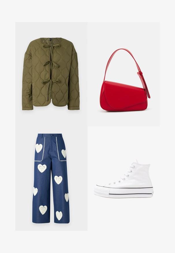 Olivgrüne gesteppte Jacke mit Rundhalsausschnitt, vorderen Schleifenverschlüssen und langen Ärmeln, die eine glatte Textur und kreisförmige Muster aufweisen.; Blumenbluse mit langen Puffärmeln, hellcremefarbenem Grund, mit lila, orangefarbenen und grünen Blumenmustern sowie klassischem Kragen.; Sister Jane HEART TO HEART - Jeans Straight Leg - blue denim; Weiße hochwertige Leinensneaker mit schwarzer Gummisohle, vorderem Gummizehenschutz und sechs Ösen für Schnürsenkel, die ein sauberes, minimalistisches Design aufweisen.; Rote Lederhandtasche mit einem kantigen, geometrischen Design. Verfügt über einen verstellbaren Schulterriemen und einen Klappenverschluss mit genähten Details.