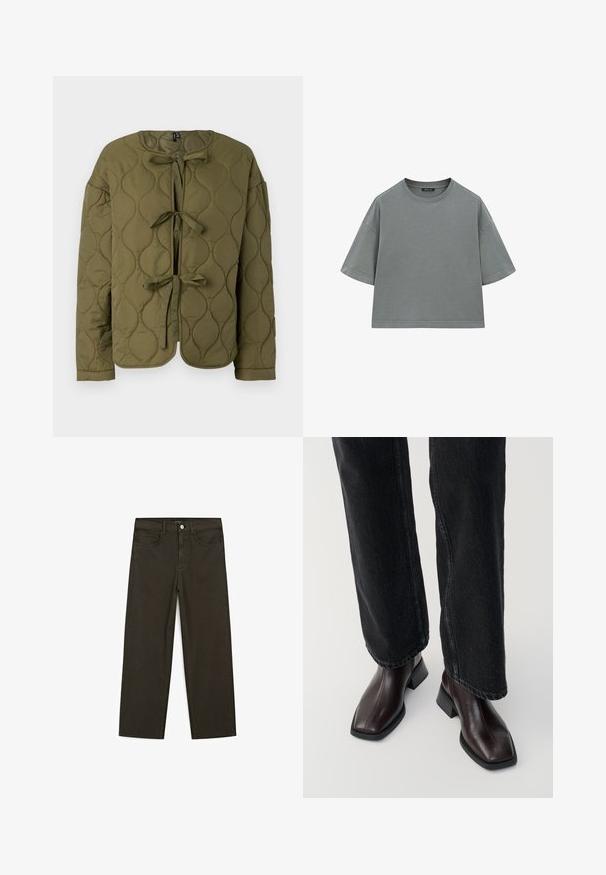 Olivenfarvet quiltet jakke med rund halsudskæring, frontlukninger med sløjfer og lange ærmer, der har en glat tekstur og cirkulære mønstre.; Grå bomulds T-shirt med en afslappet, boxy form, korte ærmer og rund halsudskæring. Har synlige syninger langs kanterne.; Mørkegrønne brede jeans lavet af en bomuldsblanding, med en frontlukning med knap, fem lommer og klassisk denim-syning.; Brune læder ankelstøvler med firkantet tå og blokhæl, parret med sorte brede jeans. Glat tekstur og minimalistisk design.