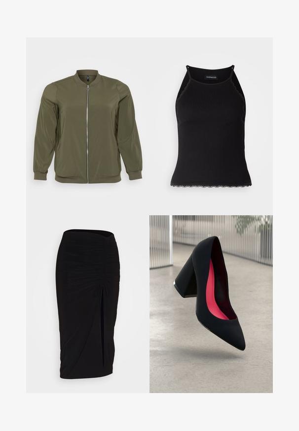 Olivengrøn bomberjakke lavet af glat stof, der har en frontlynlås, ribbede manchetter og et rundt halsdesign. Enkel og funktionel stil.; Sort ribbet tanktop med bølget blondekant forneden. Har tynde stropper og en tætsiddende pasform. Fremstillet af strækbart materiale.; Sort, rynket blyantskørt med bindebånd og en sidelæg. Fremstillet af et strækbart stof, der har en glat overflade og en tætsiddende pasform.; Sort højhælet sko med spids tå, struktureret overflade og et livligt pink interiør. Har en kraftig hæl med sølvdetaljer.