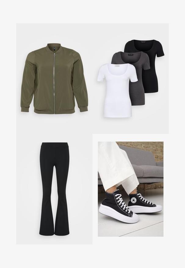 Bomber jacket oliivivärisena, valmistatud siledast kangast, millel on eesne lukuga, soonikkoes pöörded ja ümmargune kaelus. Lihtne ja funktsionaalne stiil.; Kolme istuvaa T-paitaa valkoisena, harmaana ja mustana. Jokaisessa on leveä avara pääntie ja lyhyet hihat. Valmistettu sileästä ja joustavasta kankaasta.; Mustat leveät housut, jotka on valmistettu joustavasta kankaasta, ja joissa on korkea vyötärö sekä sileä pinta. Housut levenevät polven kohdalla.; Mustat kangaskengät korkealla varrella, joissa on valkoiset kumipohjat ja nauhat. Sivussa on pyöreä logo ja kontrastiväriset valkoiset tikkausommellut.