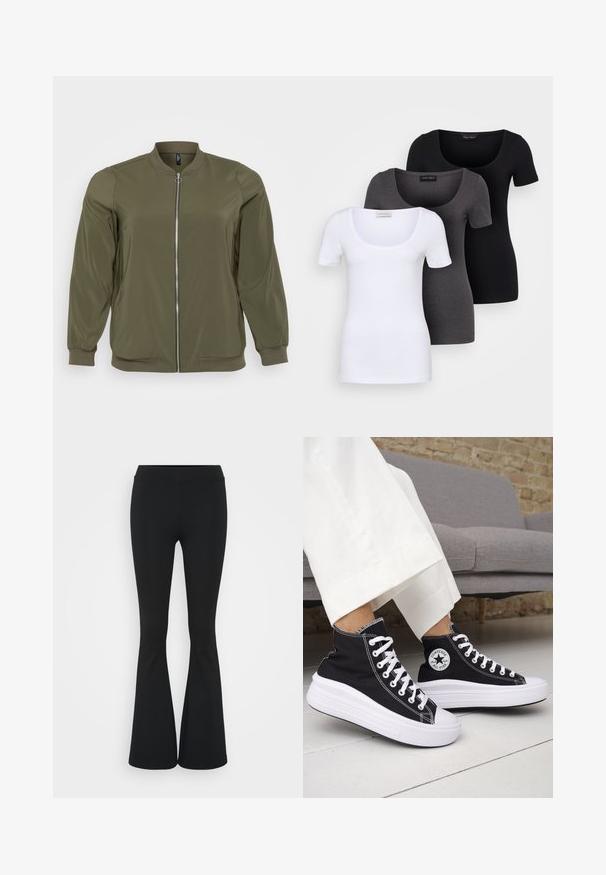 Casaco bomber verde oliva feito de tecido liso, com fecho frontal por zíper, punhos canelados e um design de gola redonda. Estilo simples e funcional.; Três t-shirts ajustadas em branco, cinza e preto. Cada uma possui um decote amplo e mangas curtas. Feitas de um tecido liso e elástico.; Calças pretas de corte alargado feitas de tecido elástico, com uma cintura alta e uma textura suave. As calças alargam-se a partir do joelho.; Ténis pretos de cano alto com solas e atacadores em borracha branca. Apresentam um emblema redondo e costuras contrastantes em branco. Material em lona.