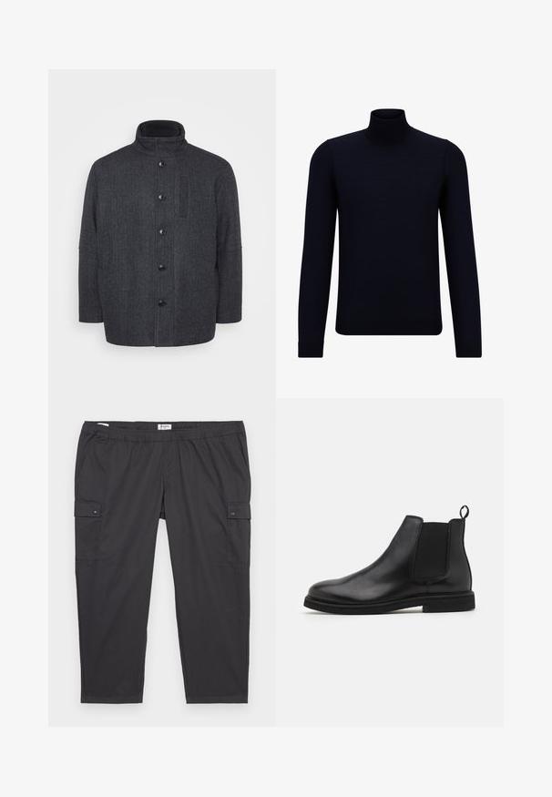 Mörkgrå ullkappa med herringbone-mönster, hög krage, framknäppning med knappar och sidofickor. Har en rak skärning.; Mörk marinblå polokragetröja i fint stickat tyg, med långa ärmar och en åtsittande, hög halsringning. Inga synliga mönster eller accenter.; Svarta cargobyxor med elastisk midja, sidofickor och tryckknappsdetaljer. Tillverkade av ett lätt och mjukt material.; Svarta läder Chelsea-boots med elastiska sidopaneler och en dragflik. Rund tå och platt gummisula, som visar en slät yta.