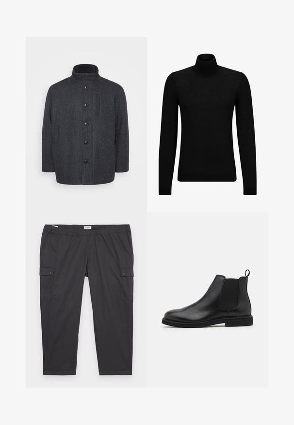 Temno siva volnena plašč s herringbone vzorcem, visokim ovratnikom, sprednjim gumbom za zapiranje in stranskima žepoma. Ima ravno krojeno zasnovo.; Črna turtleneck pulover iz mehkega materiala, z dolgimi rokavi in tesnim prileganjem. R ibana obroba na robu in rokavih. Preprosta zasnova.; Črne cargo hlače z elastičnim pasom, stranskimi žepi in zaponkami. Narejene iz lahkega, gladkega materiala.; Črne usnjene Chelsea škornje z elastičnimi bočnimi paneli in zanka za obuvanje. Okrogla kapa in ravno gumijasto dno, kar poudarja gladko zaključeno površino.