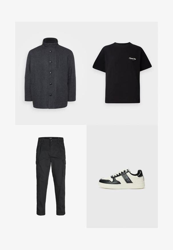 Mørkegrå uldfrakke med et hørfletmønster, høj krave, forkert knaplukning og sidelommer. Har en lige skåret design.; Sort bomulds T-shirt med rund halsudskæring, korte ærmer og lille hvid logo tekst på venstre bryst. Enkel design, klassisk pasform.; Sorte cargo-bukser lavet af slidstærkt stof, der har flere lommer, en knaplukning og et slim fit design med smalle ben.; Lædersneakers i sort og creme farveskema, med perforerede detaljer, en polstret krave og en struktureret ydersål.