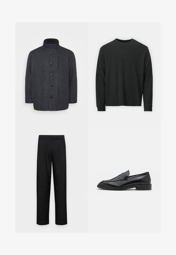 Cappotto di lana grigio scuro con motivo a spina di pesce, colletto alto, chiusura frontale con bottoni e tasche laterali. Presenta un design a taglio dritto.; Maglietta nera a maniche lunghe in cotone, con scollatura rotonda, vestibilità ampia e polsini a costine. Texture liscia senza motivi visibili.; Pantaloni neri realizzati in tessuto liscio, caratterizzati da un taglio dritto, due pieghe frontali e una vita standard con passanti per la cintura.; Mocassini in pelle nera con finitura liscia, caratterizzati da una punta tonda e una fascia stretta sulla parte superiore. Tacco basso impilato.