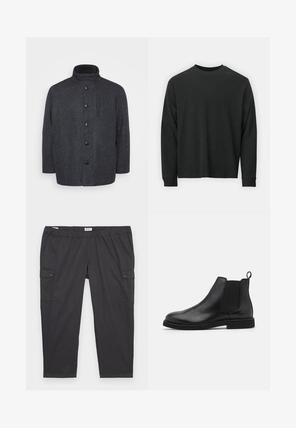 Manteau en laine gris foncé avec un motif en chevron, col montant, fermeture à boutons sur le devant et poches latérales. Présente un design à coupe droite.; T-shirt noir à manches longues en coton, avec un col rond, une coupe ample et des poignets côtelés. Texture lisse sans motifs visibles.; Pantalons cargo noirs avec une taille élastique, des poches latérales et des accents de boutons-pression. Fabriqués en tissu léger et lisse.; Bottines Chelsea en cuir noir avec panneaux élastiques sur les côtés et une languette. Bout arrondi et semelle en caoutchouc plate, mettant en valeur une finition lisse.