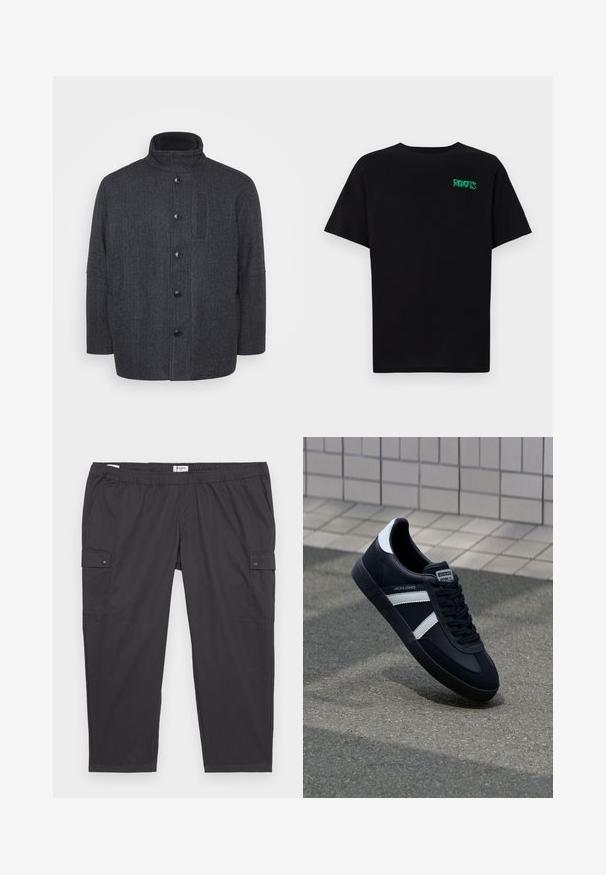 Tumehall villane mantel, millel on herringbone muster, kõrge krae, eesnuppude kinnitamine ja küljetaskud. Omab sirget lõiget.; Must t-särk, mis on valmistatud puuvillast, lühikeste varrukatega. Esipaneelil on roheline "ROOTS" logo, ümmargune kaelus ja tavapärane lõige.; Mustad mustad püksid elastse vööga, küljetaskud ja nupuvajutusega aksessuaarid. Valmistatud kergetest, siledatest kangast.; Must have musta sneaker musta valgete triipudega, tekstuurne kummitald ja nööridega esiosa. Omab bränditud märki keele peal.