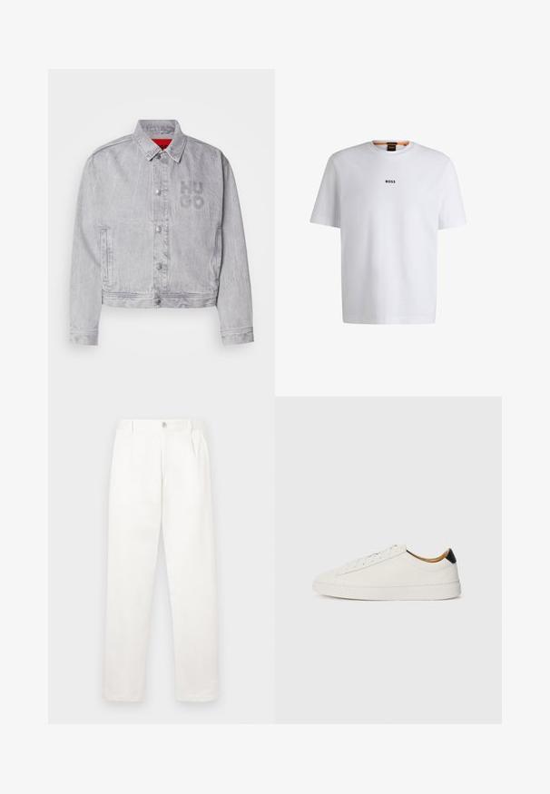 Vaaleanharmaa farkkutakki, jossa on kauluksellinen kaula, nepparit, sivutaskut ja etuosassa kohokuvioitu "HUGO"-logo. Tasainen pinta.; Valkoinen puuvillapaita lyhyillä hihoilla, jossa on musta "BOSS"-logo keskellä rintaa ja pyöreä pääntie.; Valkeat housut, jotka on valmistettu sileästä kankaasta, suoran lahkeiden muotoilun, etupleettien ja vyötäröllä olevan yksittäisen nappikiinnityksen kanssa.; Valkoinen tennari, jossa on sileä nahkapinta, pyöreä kärki ja tasapohja. Musta yksityiskohta kantapäässä, jossa on samaa sävyä olevat nauhat ja minimaalinen brändäys.