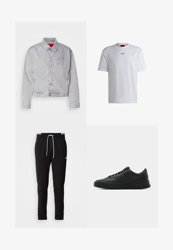 Lysegrå dongerijakke med krage, trykknapper, sidelommer og "HUGO"-logo preget på forsiden. Glatt tekstur.; Hvit bomulls T-skjorte med korte ermer, rund halsåpning, og en svart "HUGO" logo på brystet. Glatt tekstur, avslappet passform, uten mønstre.; Sorte slim-fit joggebukser med hvit snor, ribbede mansjetter og subtil logo på den øvre låret mot en ensfarget bakgrunn.; Sorte sneakers med glatt skinnøvre, rund tå, flate lisser, polstret krage og minimalistisk design. Gummisåle med subtilt mønster.