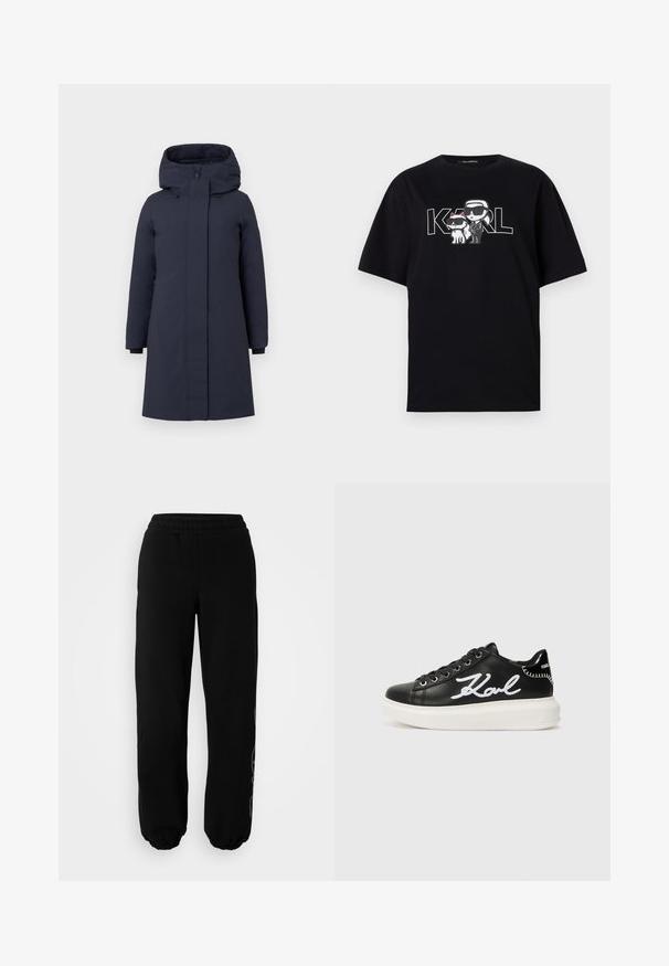 Námornícky modrý parka kabát s vysokým golierom, veľkou kapucňou, dlhými rukávmi a skrytým predným zipsom. Obsahuje bočné vrecká a elastické manžety.; Čierne bavlnené tričko s grafickou potlačou dvoch kreslených postavičiek v slnečných okuliaroch, doplnené textom "KARL" v tučných písmenách.; Čierne teplákové nohavice s elastickým pásom a manžetami. Vyrobené z mäkkého materiálu s jemným dizajnovým detailom na ľavej nohe.; Čierne kožené tenisky s bielym výšivkovým detailom "Karl", okrúhla špička, šnurovací dizajn a hrubá biela podrážka s textúrovanými akcentmi.